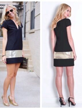 Camilyn Beth Black Satin Deep V Dress with Gold Sequin Band